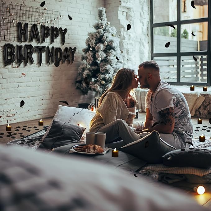 Black Happy Birthday Balloons Decorations Happy Birthday Letter Balloons Banner Set with 24pcs Round Flameless LED Candles and 2000pcs Artificial Rose Petals for Women Men Room Party Decor