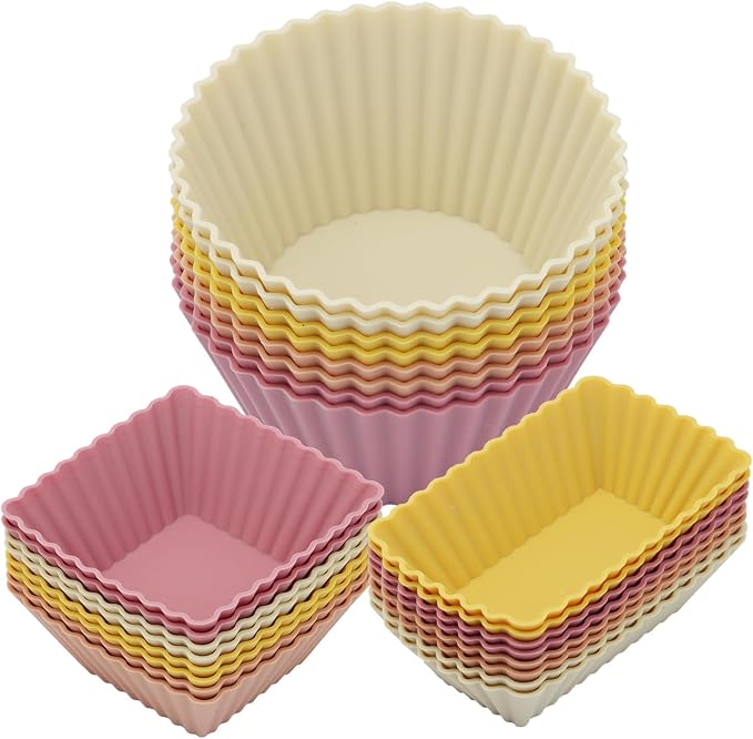 24Pack Silicone Muffin Cups, Reusable Cupcake Liners Molds for Baking, 3 Shapes Lunch Box Bento Dividers-Round, Square, and Rectangular