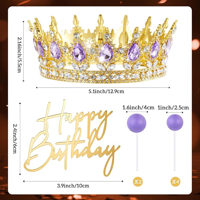 8 Pcs Purple and Gold Queen Crown Cake Topper, Happy Birthday Cake Toppers Foam Balls Rhinestone Crystal Tiara Wedding Decoration for Princess Party Photo Props for Women Princess