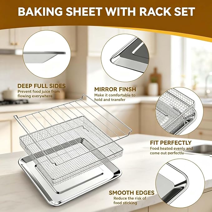 3PCS Air Fryer Replacement Tray for Cuisinar TOA-060/065 Toaster Oven Parts | Air Fryer Tray and Basket for Oven, Steel Baking Sheet Pan with Wire Rack Accessories for Cooking Bread and Broiling,NonStick