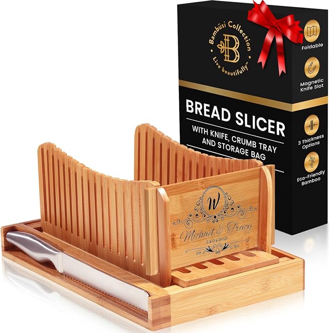 Personalized Bread Slicer with Bread Knife - Engraved Bamboo Bread Loaf Slicer for Homemade Sourdough, 3 Slice Thickness, Foldable Cutting Guide with Crumb Tray for Bagels & Cake, Customized Gifts
