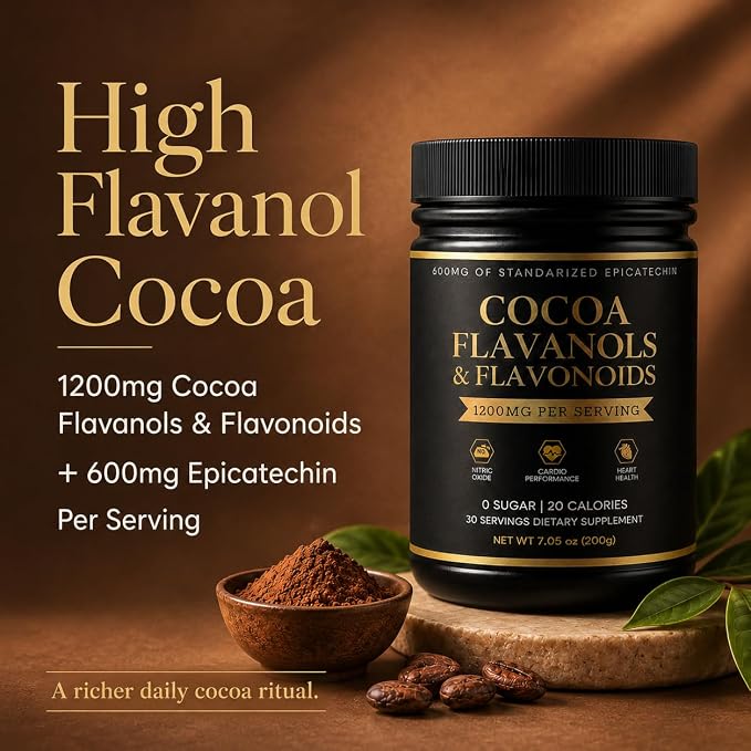 High Flavanol Cocoa Powder, 1200mg Cocoa Flavanols & Flavonoids with 600mg Epicatechin Per Serving, Non-Alkalized Cocoa, Zero Sugar, Vegan, Non-GMO, Gluten-Free, 200g