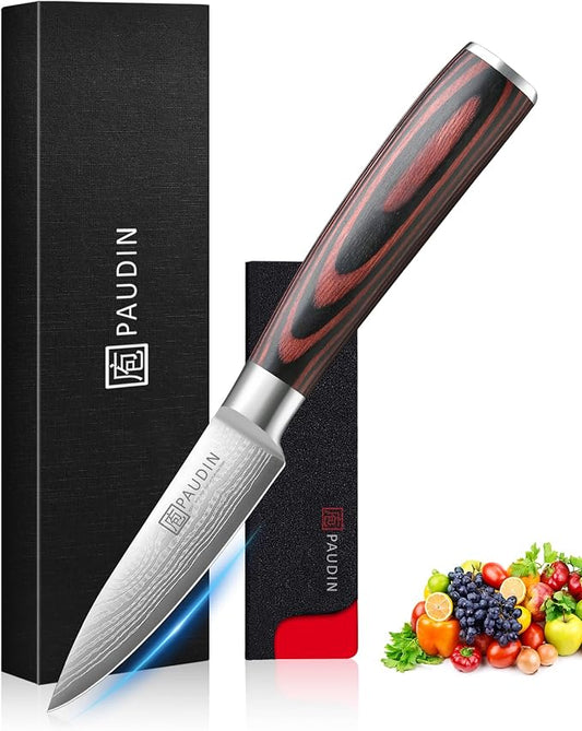 PAUDIN Paring Knife, 3.5 Inch Fruit Knife, High Carbon 5Cr15Mov Stainless Steel Forged Paring Knife, Ultra Sharp Small Kitchen Knife, Ergonomic Wooden Handle with Elegant Gift Box