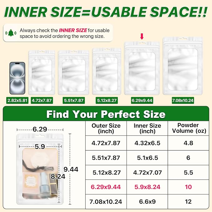 ANZNKU 100 PCS Resealable Mylar Bags with Frosted Clear Window Bags Packaging Bags Foil Pouch Zipper Bag for Jewelry Sample Candy Food (6.29x9.44, White)
