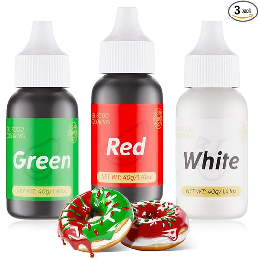 Gel Food Coloring for Cake Decorating - 3 Concentrated Assorted Food Color Edible Christmas Red Green White - Food Grade Dye for Easter Eggs Fondant Cookies Frosting Royal Icing Baking - 40g/Bottle
