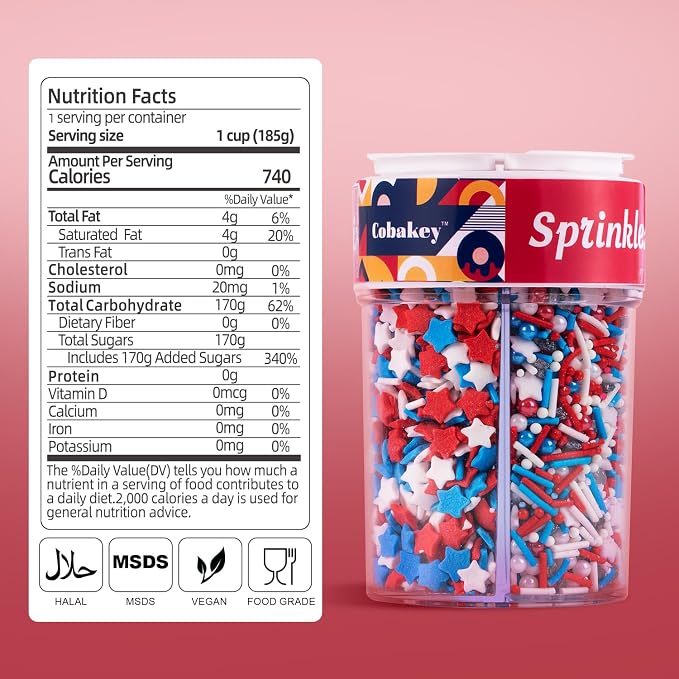 Patriotic Sprinkles 4 Cell Edible Red White and Blue Sprinkle Mix Jimmies Nonpareils Perfect for Cake Decorations Baking Ice Cream Cookies Cupcake Topper 6.5OZ