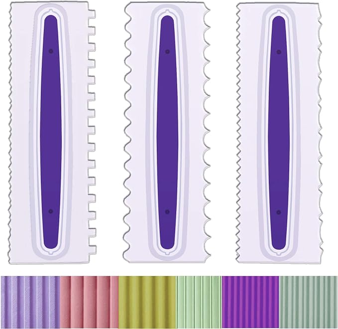 Decorating Comb and Icing Smoother Set of 3 Pack Decorating Mousse Butter Cream Cake Edge Tools, Plastic Sawtooth Cake Scraper Polisher 6 Design Textures-White/Purple