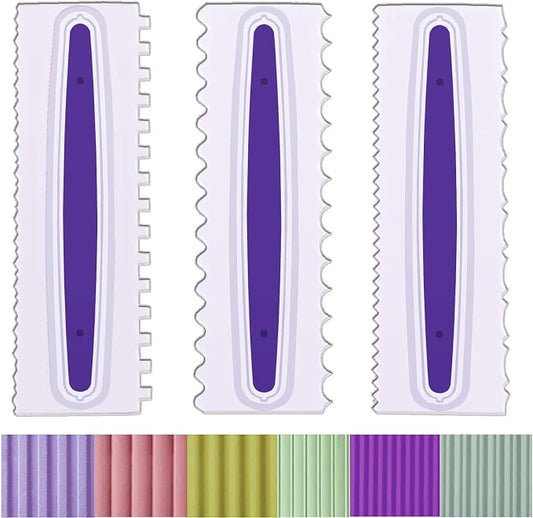 Decorating Comb and Icing Smoother Set of 3 Pack Decorating Mousse Butter Cream Cake Edge Tools, Plastic Sawtooth Cake Scraper Polisher 6 Design Textures-White/Purple