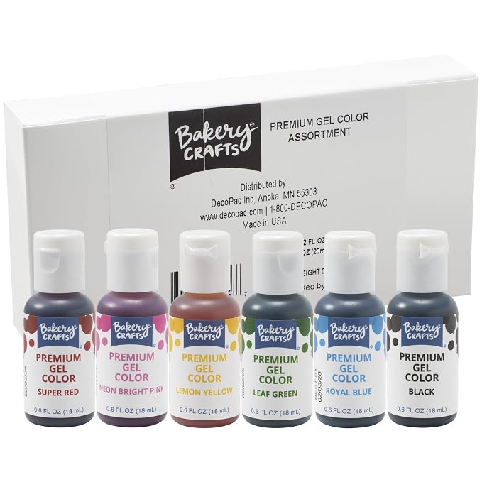 Bakery Crafts Premium Gel Food Color 6 Bottle Assortment, 4.2 Fl Oz, Edible Coloring For Use with Cake Mix, Buttercream, Whipped Icing, Fondant & Piping Gel, Highly Concentrated, Red, Pink, Yellow, Green, Blue, Black - 6 x 0.7FL