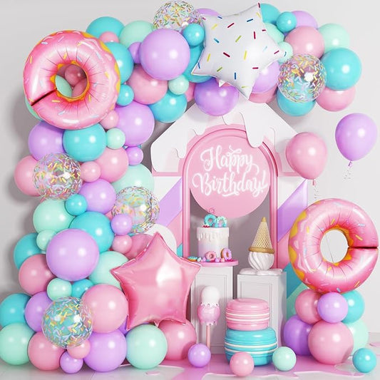 Donut Party Decorations, 108 Pcs Pink Purple Green Teal Balloons Arch Kit Pastel Latex Balloon Foil Donut Sprinkles Confetti Candy for Girls Princess Sweet One Birthday Donut Grow up Party Decorations