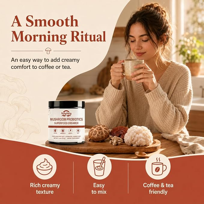 Suiyilary Mushroom Probiotic Coffee Creamer, 10 Mushrooms Creamer with Probiotics, Lion’s Mane, Cordyceps, Reishi, Turkey Tail, Shiitake for Gut, Digestion, Gluten Free 21 Serving