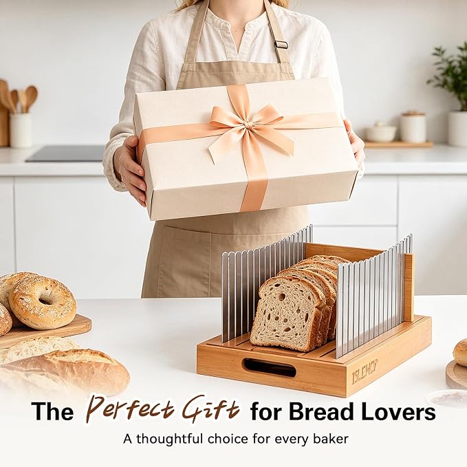 Bread Slicer for Homemade Bread - Bread Cutter Board with Adjustable Width Stainless Steel Slicing Guides & Crumb Tray, Bread Cutter for Sourdough, Bagel, Loaves (Bamboo+Stainless steel)