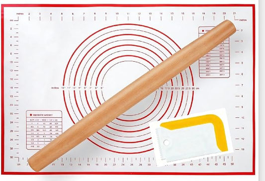 3-Piece Set French Wooden Rolling Pin and Silicone Baking Mat Set for Baking,Dough Roller for Cookie,Fondant,Pizza Pie Crust, Pastry,16 Inches (Beechwood +Red mat)