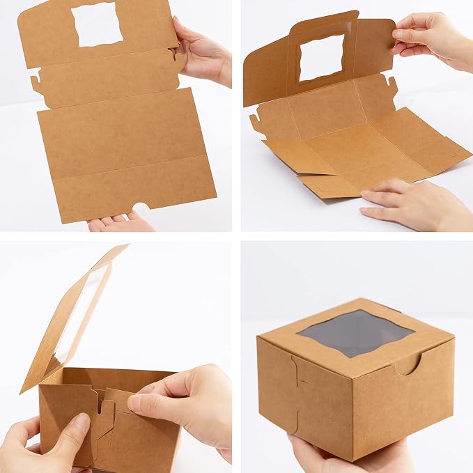 100Pcs Paper Cookie Boxes With Window Small Bakery Boxes 4x4x2.5 Inches Mini Cake Boxes For Pastries,Cupcakes,Desserts,Donuts,Chocolate Strawberries,Candy,Treat Boxes(4 * 4 * 2.5,Brown)