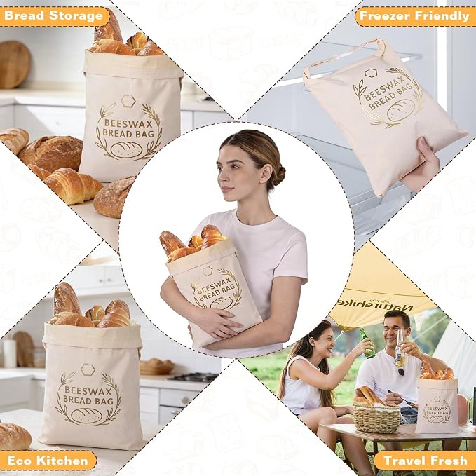 2 Pack Beeswax Bread Bags for Sourdough Homemade Bread, XL Reusable Bread Storage Bag, Organic Waxed Line and Linen Fabric Bread Bag for Home Bakers, Picnics Work or Gift-Giving
