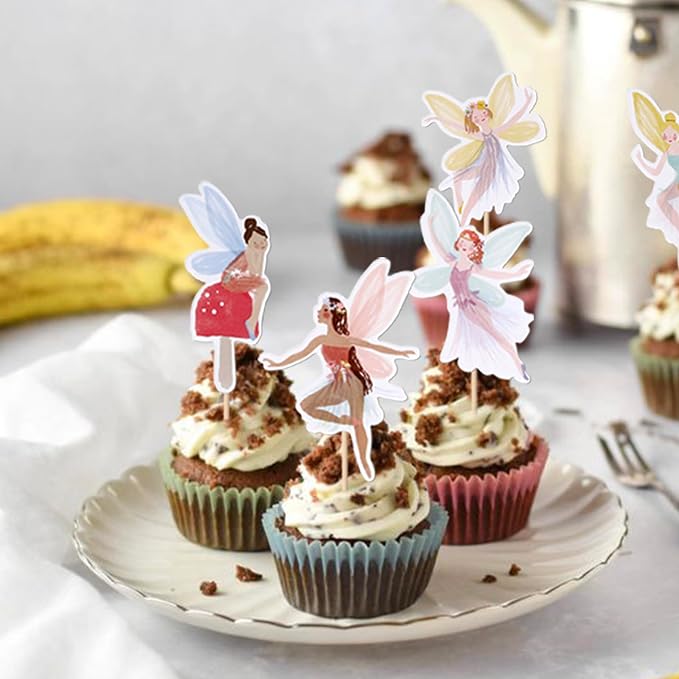 Rsstarxi 36 Pack Fairy Cupcake Toppers, Fairy Party Decorations, Wing Angel Flower Fairy Birthday Cupcake Picks for Baby Shower Birthday Wedding Fairy Party Cake Decorations