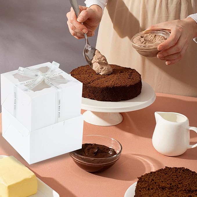 48PCS 9x9x5 Inches Cake Boxes with Window(24 Boxes &24 Boards) , White Bakery Dessert Boxes,Cajas Pasteles for Cake, Cake Carrier Container for Valentine's Day, Mother's Day, Birthday(9*9*5inch/24pcs)