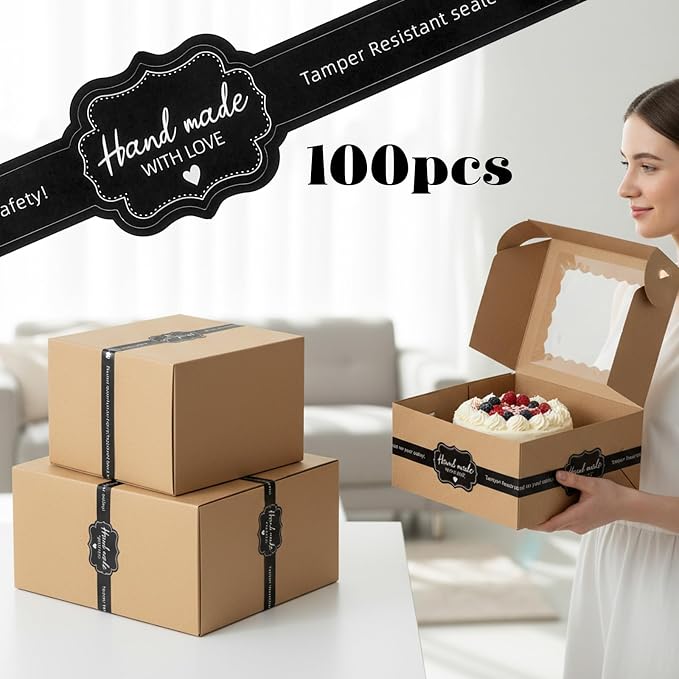 100 Pcs Food Retail Package Seal Stickers for for Packaging - Food Retail Package Seal Labels 8.8 x 1.3 Inch Tamper Resistant Labels for Handmade Bakery Candy Artisan Crafts(Black)