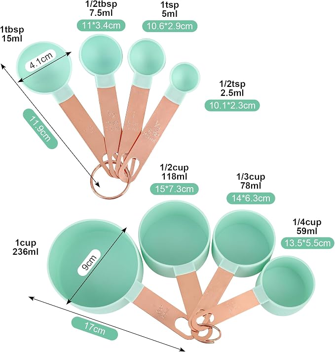 8-Piece Stackable Rose Gold Stainless Steel Handled Measuring Cups and Spoons for Measuring Dry and Liquid Ingredients (green)