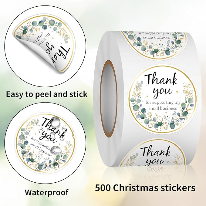 Heyfibro 500 PCS 1.5 Inch Thank You for Supporting My Small Business Stickers for Packing, Parties, Bags, Boxes(Golden Greenery)