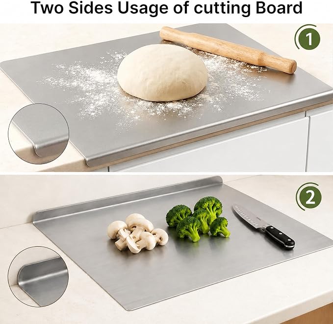 Large Stainless Steel Cutting Board with Lip for Kitchen, Chopping Boards with White Non-slip Mat, Cutting Board with Counter Lip for Meat, Fruits, Vegetables, Bread,Dough(15.7" × 11.8")
