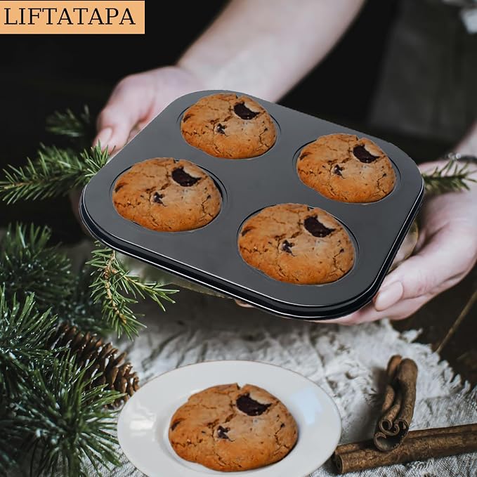 4 Cup Muffin Pan Mold, Non-stick Cupcake Baking Pan Mini Pie Pans, Carbon Steel Cake Mould Muffin Tray Standard Baking Mold Pan for Oven Baking(Black)