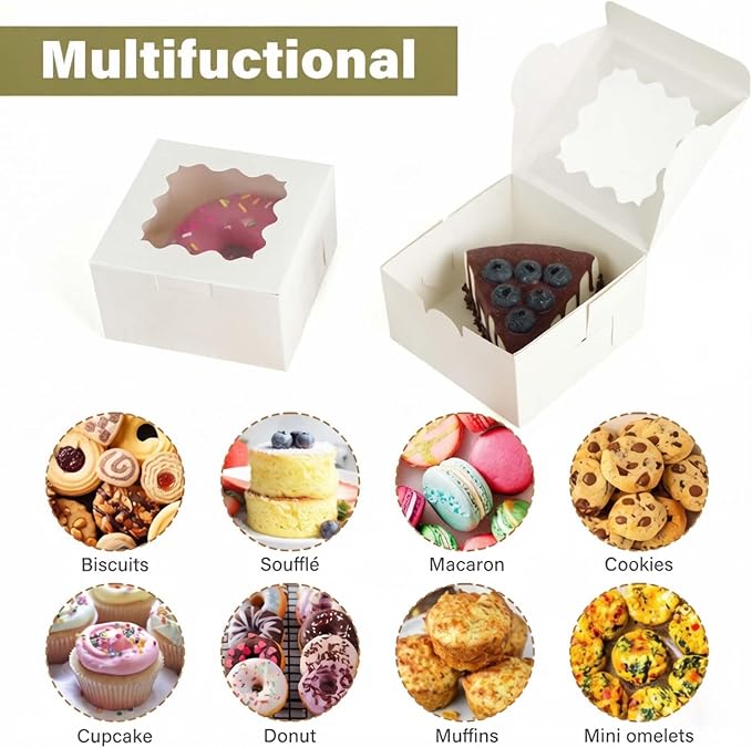 LotFancy 60pcs Small Cookie Boxes, 4x4x2.5 Inches, Bakery Boxes with Window, Baked Goods Packaging Containers for Cupcakes, Dessert, Macarons, Chocolates Donuts, Treats, Pastries
