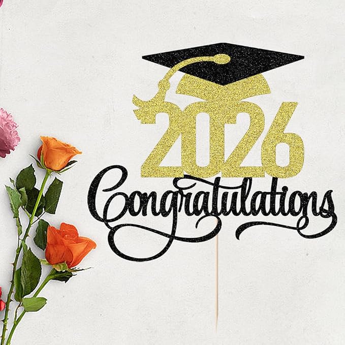 Black Gold Glitter 2026 Congratulations Graduation Cake Topper,Congrats Grad Cake Decor - 2026 High School/College/Senior Graduation Party Decorations Supplies (Black gold)