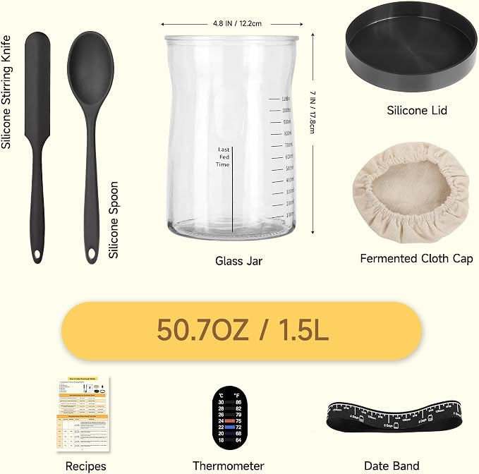 Coco Bird Pro Sourdough Starter Kit- 50oz Large Capacity Sourdough Starter Jar, 17 Flavorful Fermentation Recipes, Sourdough Bread Baking Supplies for Making Delicious Sourdough Breads(1PCS)