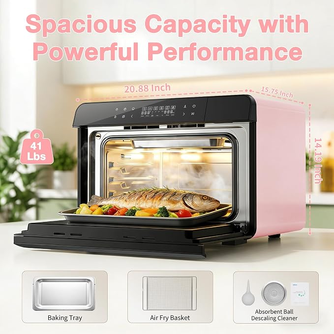 ROBAM Toaster Air Fryer Combi Oven, Countertop Steam Oven 14-in-1 with Convection Steam Roast & Bake, Multi-Stage Cooking, Self-Clean, 7 Modes, 30 Built-In Recipes, for Kitchen Pizza Baking (Pink)