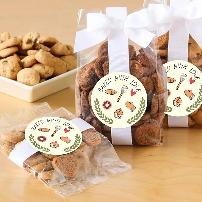 160 Pcs Baked with Love Stickers, 1.6 Inch Bakery Packaging Labels for Cottage Bakery, Cookie Bags, Bake Sale, Baking Business Essentials
