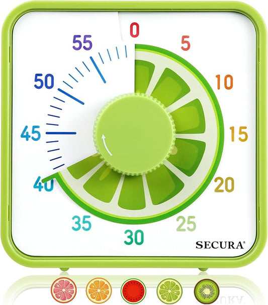 Secura 7.5-Inch Fruit Visual Timer for Kids, 60-Minute Countdown Timer for Classroom or Kitchen, Durable Mechanical Timer Clock with Magnetic Backing (Lemon)