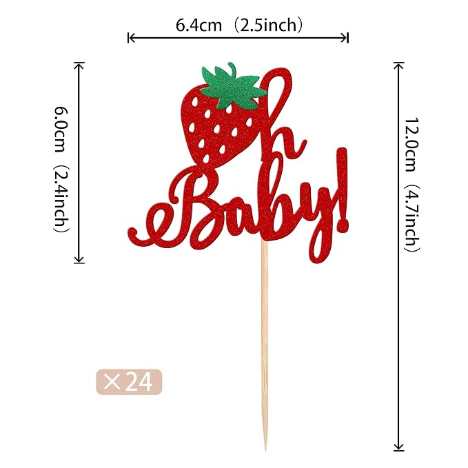 24 PCS Strawberry Oh Baby Cupcake Toppers Glitter Fruit Theme Oh Baby Strawberry Cupcake Picks for Gender Reveal Baby Shower Kids Boys Girls Birthday Party Cake Decorations Supplies Red