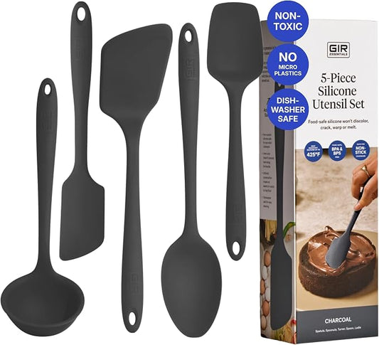 GIR 5-Piece Silicone Kitchen Utensils Set, Non-Toxic Cooking Utensils for Cooking and Baking, Heat Resistant, Food Grade, Dishwasher Safe Rubber Spatula, Ladle, Spoon - Charcoal