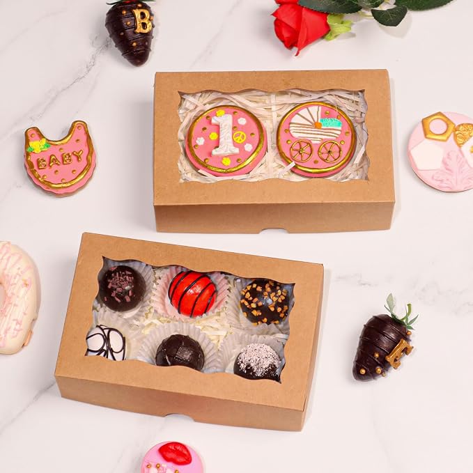 ROSPAKTEK 50pcs Brown Bakery Boxes 7x4.3x2 In - Perfect for Treats, Charcuterie & Festive Gifting (3 Major Holidays)