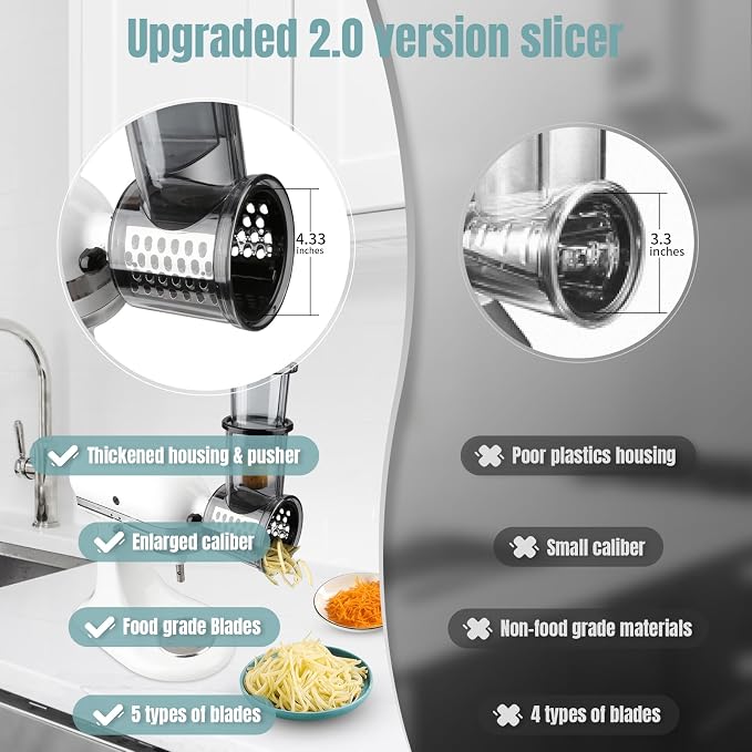 Stainless Steel Slicer Shredder Attachments for KitchenAid Stand Mixers, Vegetable Shredder, Cheese Grater, Salad Maker, Food Slicers Chopper Grinding Powder Accessories with Detachable 5 Blades