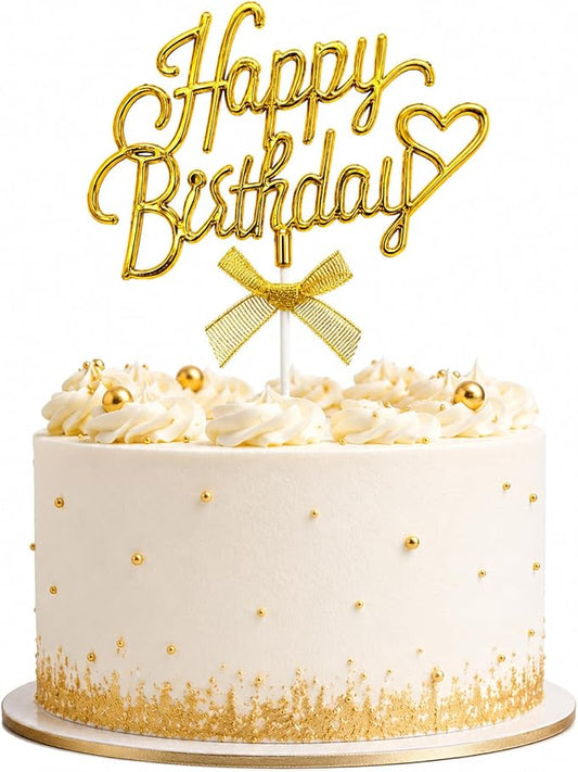 Gold Acrylic Happy Birthday Cake Topper with Heart and Bow | Glossy gold acrylic script withheart and bow adds an elegant finishing touch to birthday cakes and celebration desserts.