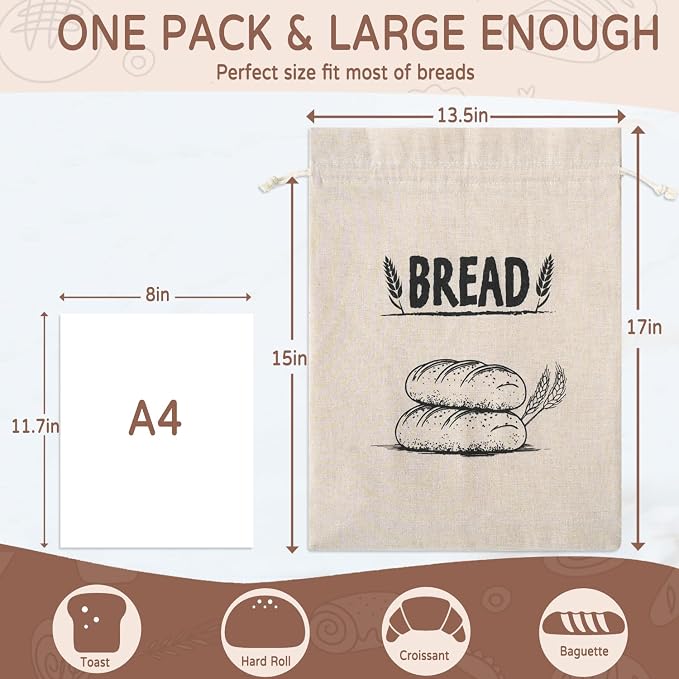 Bread Bags for Homemade Bread, Linen Bread Bag Storage, Reusable Sourdough Bread Bags with Plastic Liner, Drawstring Bread Container for Toast, Loaf,Sandwich Fresh Longer