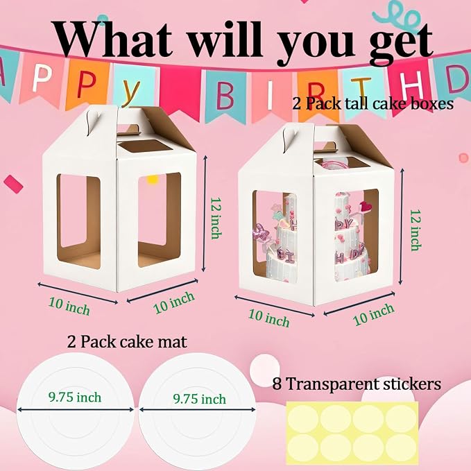 Cake Boxes - 2 Pack Tall Cake Box 10x10x12 Inch Disposable Layer Carrier with 6 Window Large Tierd Cake Out Transport Containers with Handle for Wedding, Birthday, Party