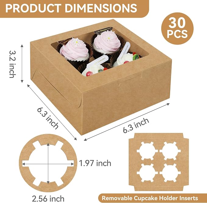 30-Set Cupcake Boxes Bulk with Clear Display Window Hold 4 Standard Cupcakes, Disposable Food Grade Brown Cupcake Carrier Cupcake Container, Perfect for Cupcakes Muffins Cookies Pastries