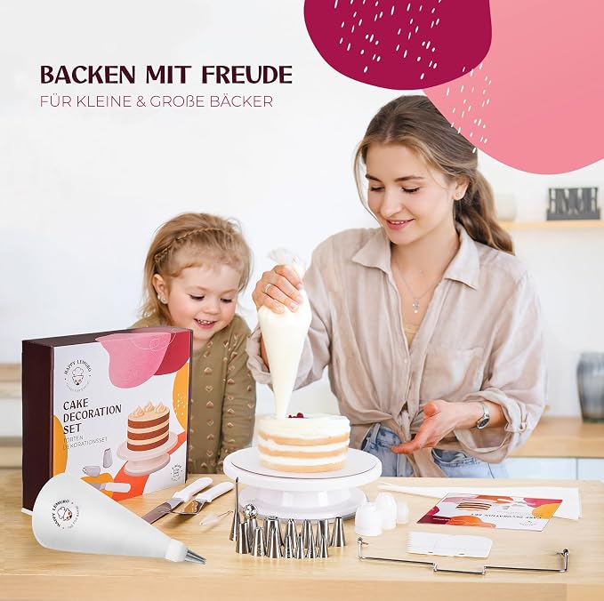 Cake Decorating Kit with Premium Piping Nozzles & Piping Bag, Rotating Cake Plate, Cake Cutter and Versatile Baking Accessories