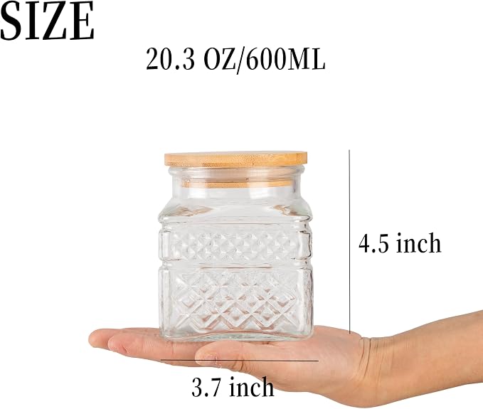 Glass Storage Canister with Airtight Lids, 20.3 FL OZ Thick Glass Candy Jar for Coffee Bean, Cocoa powder,Dog treats, Snacks Vintage Decorative Square Glass Jars for Coffee Bar Kitchen Party Counter