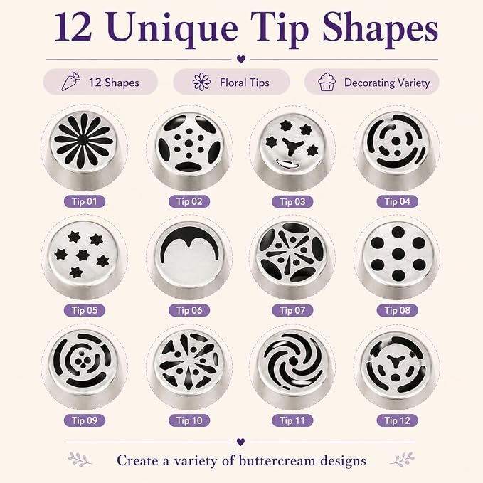 12 PCS Russian Piping Tips, Stainless Steel Flower Piping Tips for Cake Decorating, Flower Icing Tips and Frosting Nozzles for Cupcakes, Cookies, Desserts and DIY Baking Decoration