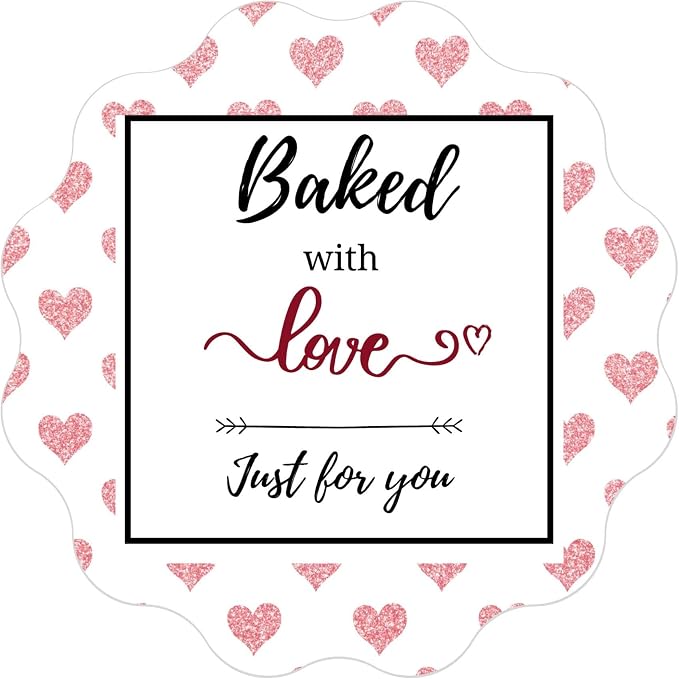 Mobiusea Creation Baked with Love Stickers Roll | Scalloped Cut | Waterproof | 1.5 inch | 500 Labels for Cookie Cupcake Stickers Homemade Bakery Bread Bags Labels Baked Goods Packaging