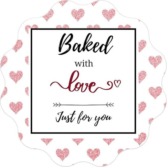 Mobiusea Creation Baked with Love Stickers Roll | Scalloped Cut | Waterproof | 1.5 inch | 500 Labels for Cookie Cupcake Stickers Homemade Bakery Bread Bags Labels Baked Goods Packaging