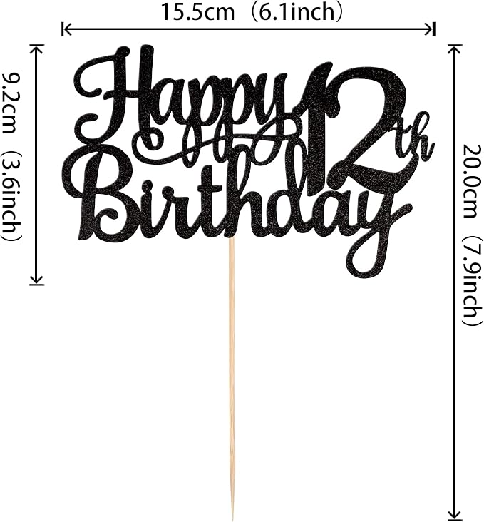 1 PCS Happy 12th Birthday Cake Topper Glitter Cheers to 12 Years Birthday Cake Pick 12 Fabulous Cake Decoration for Happy 13th Birthday Theme Party Decorations Supplies Black