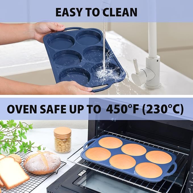 4 Inch Jumbo Silicone Muffin Top Pan with Metal Frame, Non Stick Silicone Egg Mold for Oven, Large Whoopie Pie Baking Pan with Handle for English Breakfast Sandwich, Egg Bite, Bun Tart, Grey