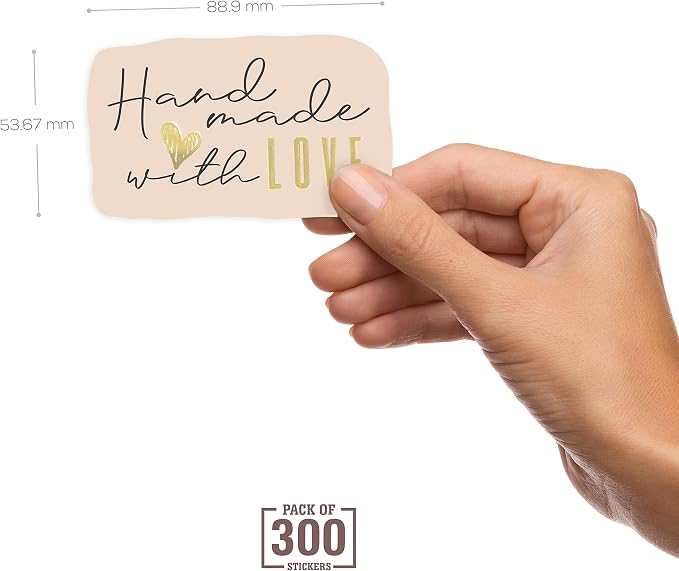 300 Handmade with Love Stickers in Sheets | 1.75" x 2.75" Special Cut Size | Typical Shape Design with Gold Foil and Light Peach Background | Highly Recommended for Small Business Owners (1 Pack)