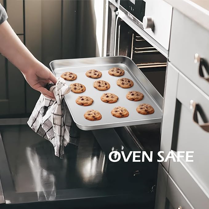 Leonyo 9x13IN Stainless Steel Baking Sheets Set, 2 Pack Stainless Steel Quarter Sheet Pan for Baking Cookie, Commercial Grade Metal Toaster Oven Tray for Oven, Non Toxic & Dishwasher Safe