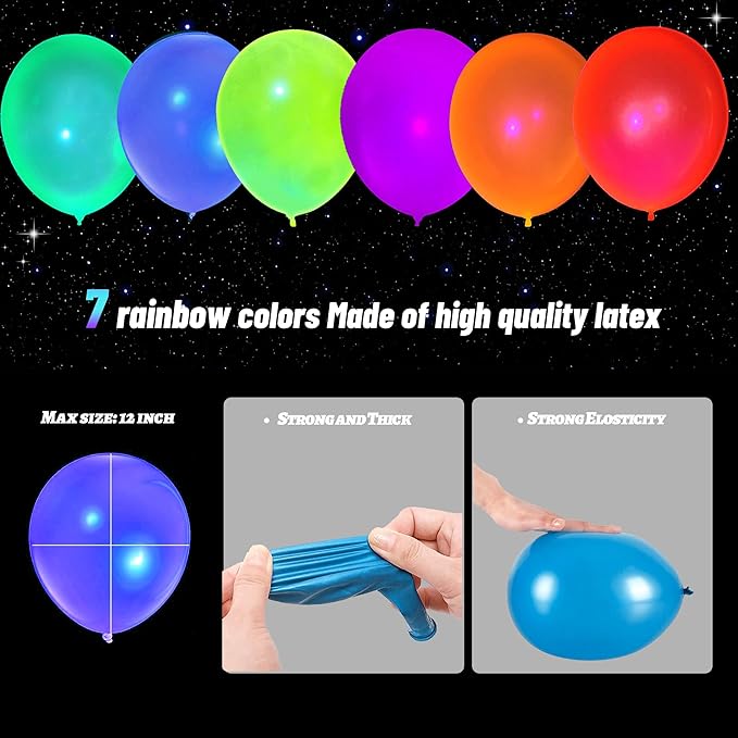 60 Pcs UV Neon Balloons, 7 Colors Blacklight Reactive Fluorescent Balloons Glow in the Dark Birthday Decorations for Birthday, Wedding, Neon Party, Glow Party Decorations Supplies